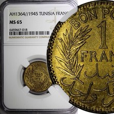 Tunezja 1364 (1945) 1 frank Izby Handlowe NGC MS65 KM # 247 (018)
