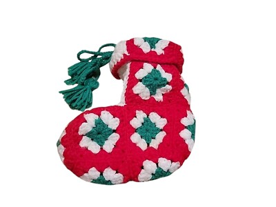 Vintage Granny Square Christmas Stocking Hand Crochet Red White Green Mini