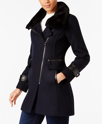 Trina Turk Shearling-Trim Asymmetrical Coat MSRP $545 Size 10