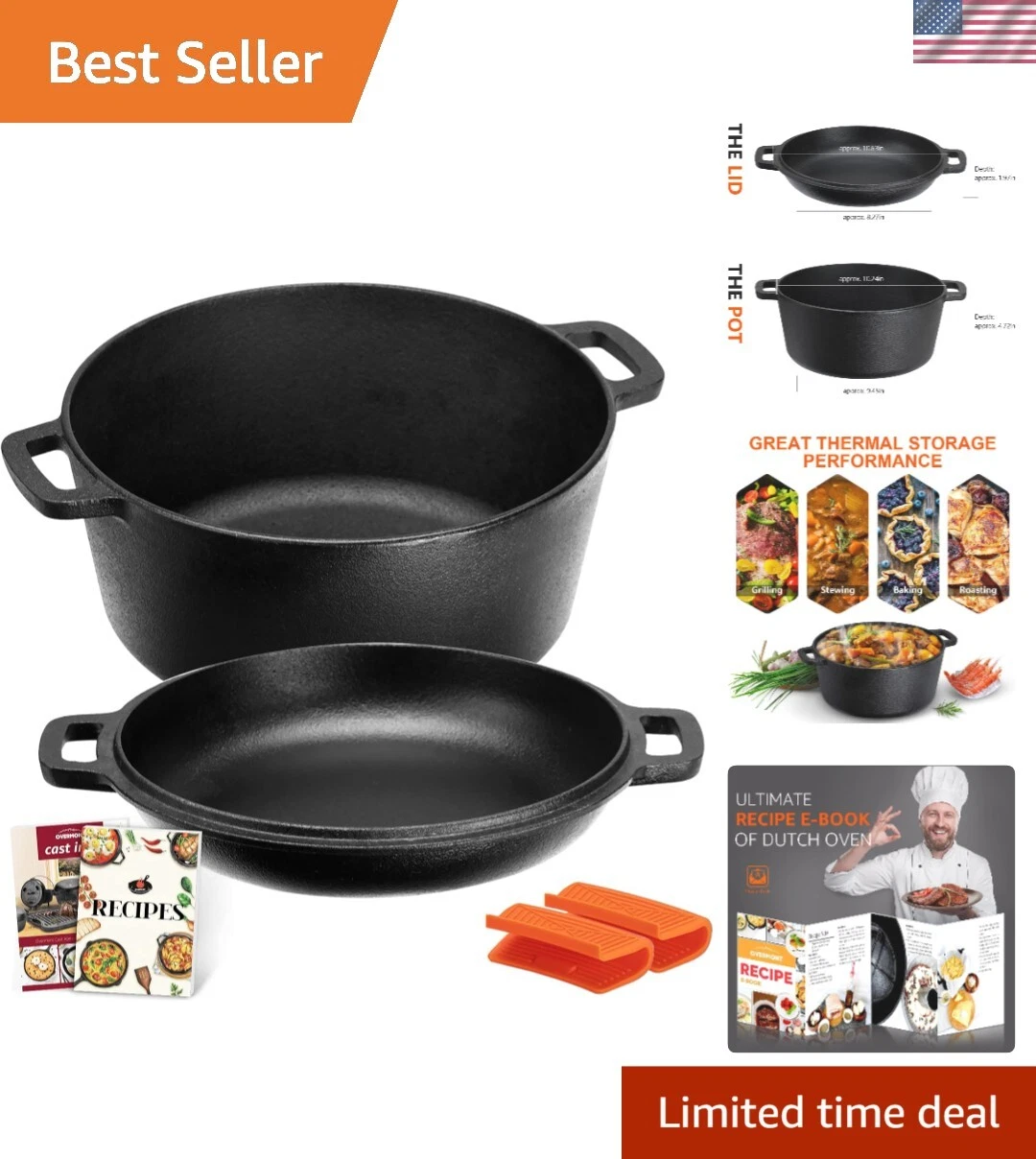 Pre-Seasoned Dutch Oven and Skillet Lid Combo - Perfect for Efficient Cooking