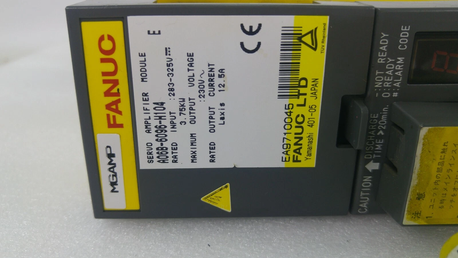 Fanuc servo amplifier nameplate: A06B-6096-H104 rev E, 283-325V 3.75kW, 12.5A
