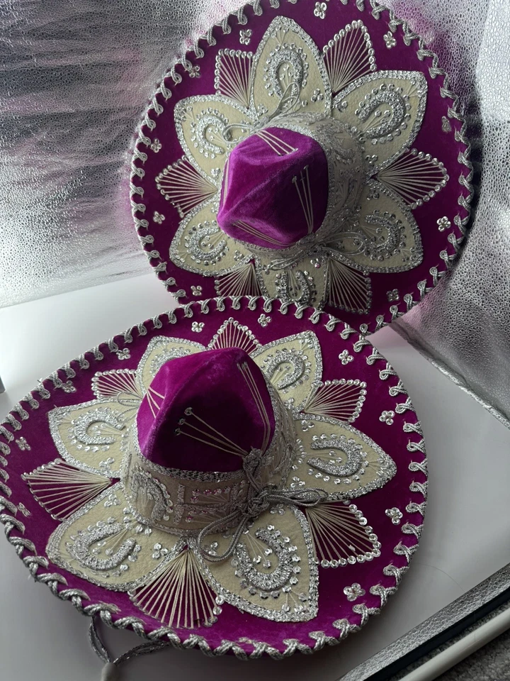 Auténtico Sombrero Hecho Mexicano Mariachi Sombrero Charro Terciopelo Rosa Plata NUEVO Foto 2 de 4