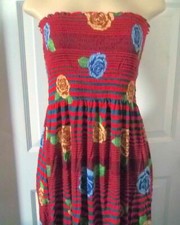 RED -BLUE STRIPE FLORAL  LONG MAXI DRESS STRAPLESS ELASTIC TOP 3X