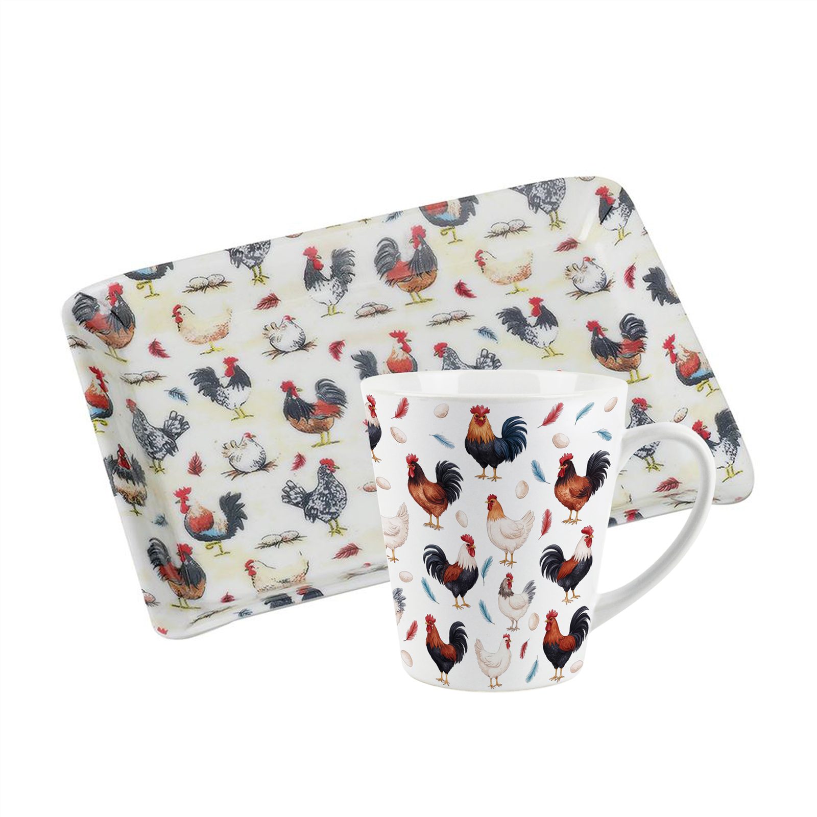 Latte Mug & Scatter Tray Set - Hens & Cockerels Tea/Coffee Gift