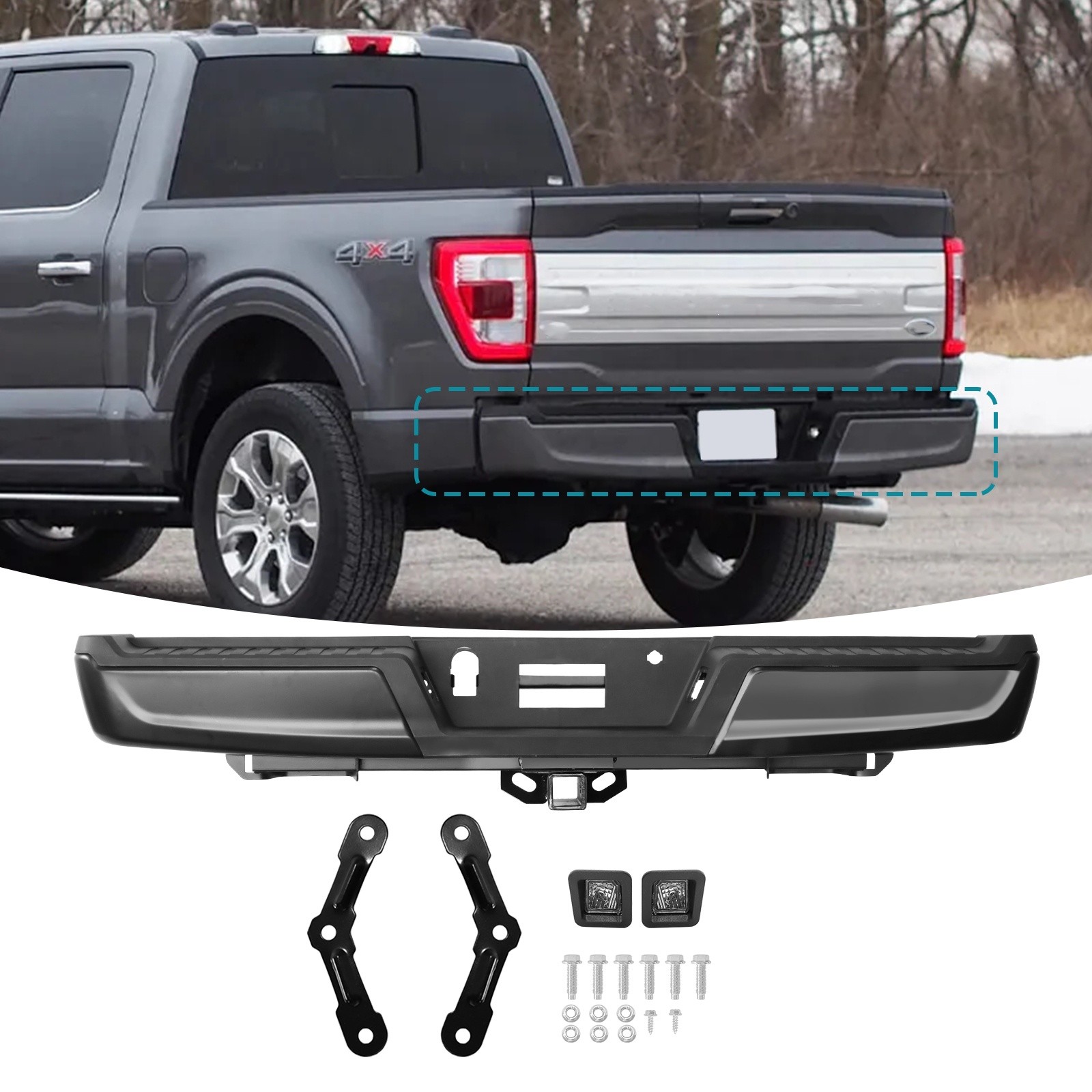 Black Rear Step Bumper Steel For 2021-2023 Ford F150 W/O Radar Holes