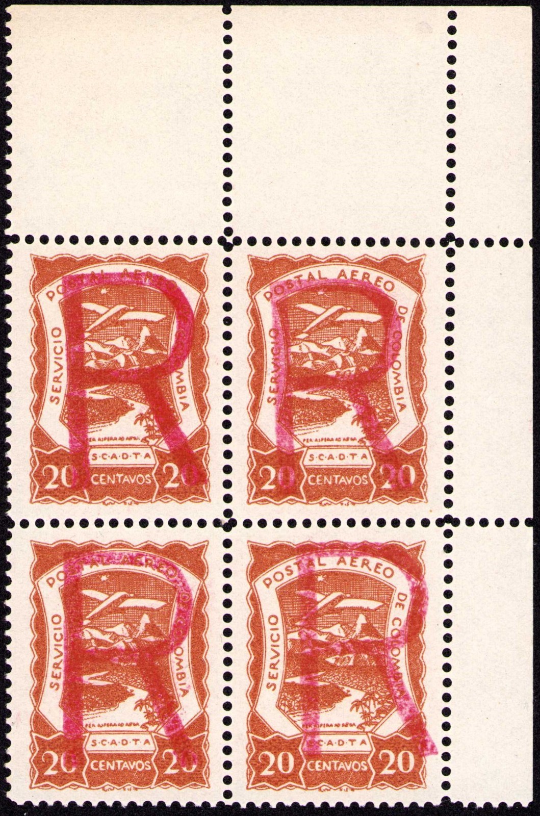 COLOMBIA - SCADTA - REGISTRATION - 20c BLOCK - GEBAUER 56 - 1921 RRR