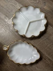 Vintage Anchor Hocking Fire King MILK GLASS Divided Dish W/Gold Trim & Leaf Tray