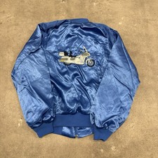 VINTAGE 80s HONDA MOTORYCLE BIKER EMBROIDERED SATIN BOMBER JACKET BLUE LARGE