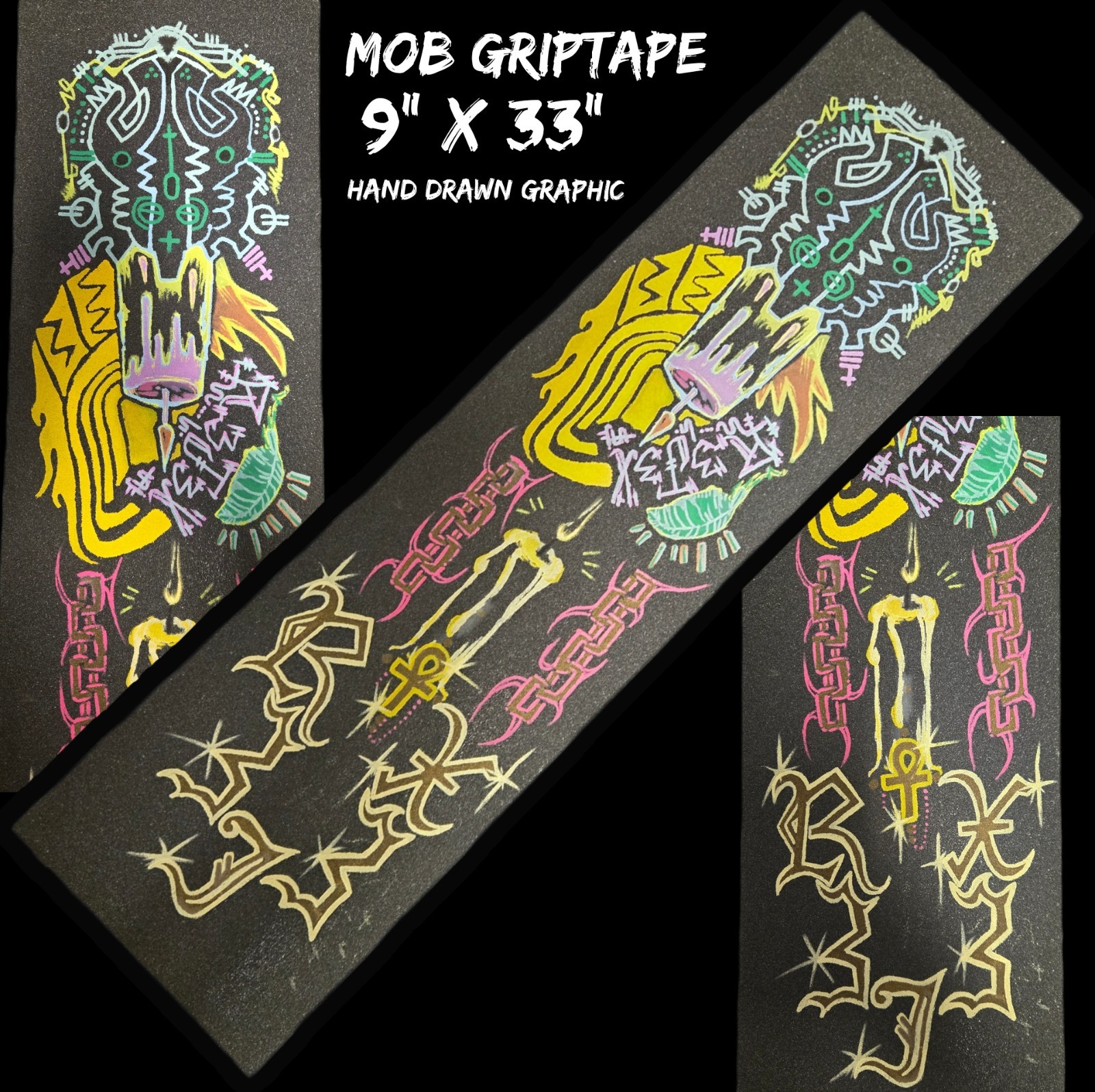 MOB, Skateboard Griptape Hand Drawn Artwork Twin Flame R3J3X
