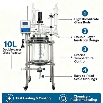 Lab Double Layer Glass Reactor Kettle 110V10L Glass Jacketed Bottle Distillation