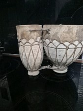 VINTAGE HAND PAINTED MOROCCAN DOUBLE CLAY & GOAT HIDE BONGO DRUMS 8" TALL 9" WID