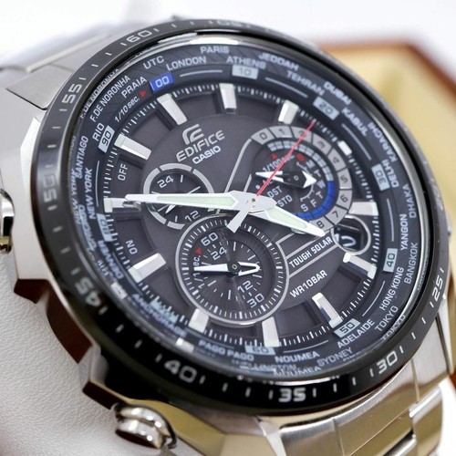 CASIO EDIFICE Solar World Time Chronograph WR10BAR ST.STEEL Men's Watch/ EQS-500 - Picture 2 of 11