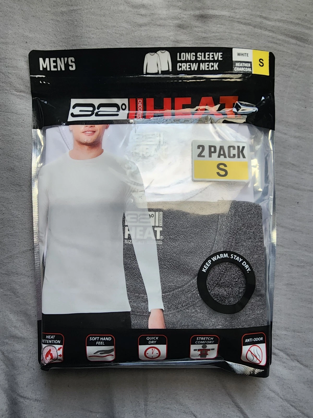32 Degrees Heat Men's Long Sleeve Crew Neck Tee 2-Pack White/Grey Small