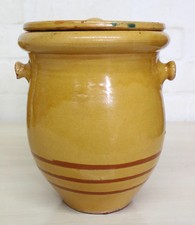 Antiker französischer Confit Topf & Deckel warme gelbe Farbe senfbemalt Ringdekor B