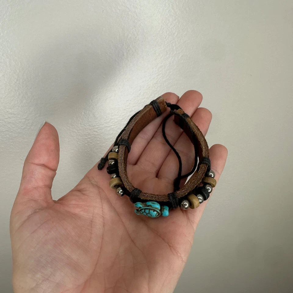Pulsera de Cuero Turquesa Tortuga Cuentas Boho Hippie Cordón Ajustable Foto 2 de 4