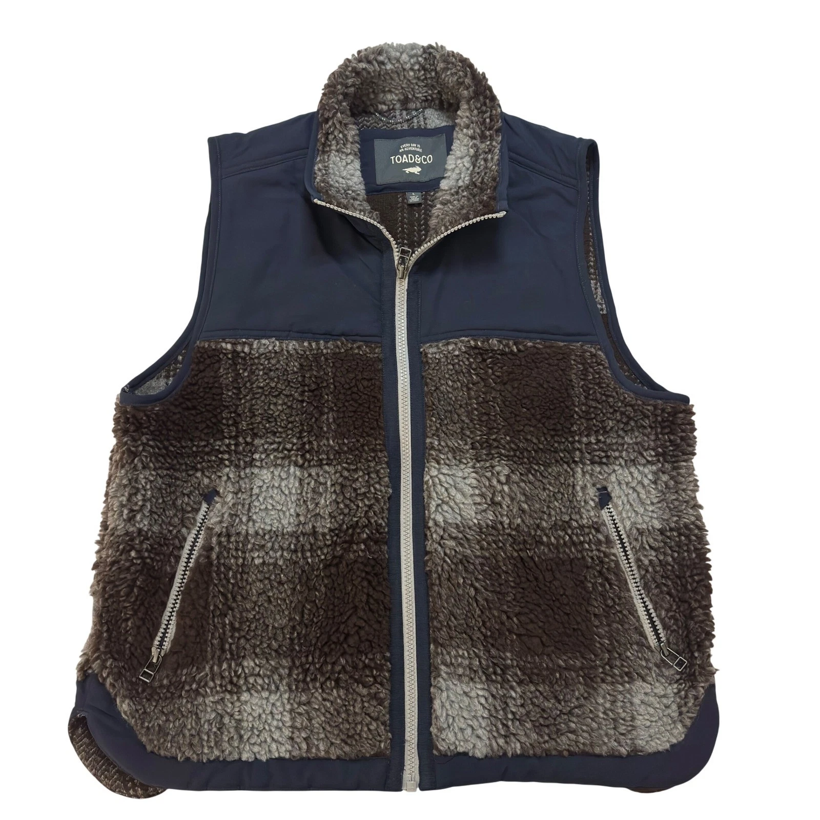 Toad & Co Mens Large Sherpa Fleece Lined Vest Navy Brown Plaid Full Zip Outdoors
