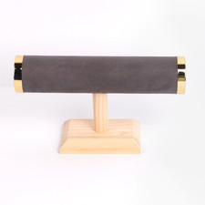 Jewelry Bracelet Display T-Bar Stand Gray Suede with Gold Metal Ends 1-Tier Jewe
