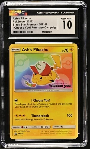 CGC 10 ASH'S PIKACHU SM108 BLACK STAR PROMO I CHOOSE YOU POKEMON GEM MINT