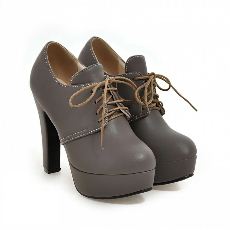 Zapatos de salón informales con plataforma con cordones punta redonda bloque tacón alto brogue para mujer D Foto 3 de 4