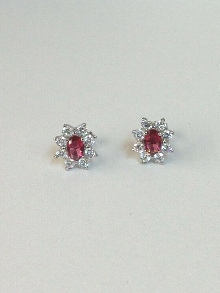 orecchini lobo argento 925 rodiato zirconi bianchi rosso rosa ovale punto luce - Immagine 3 di 4