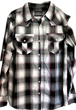 Shirt Men's Medium Western Pearl Snap Black Red Plaid Pockets Straight Hem