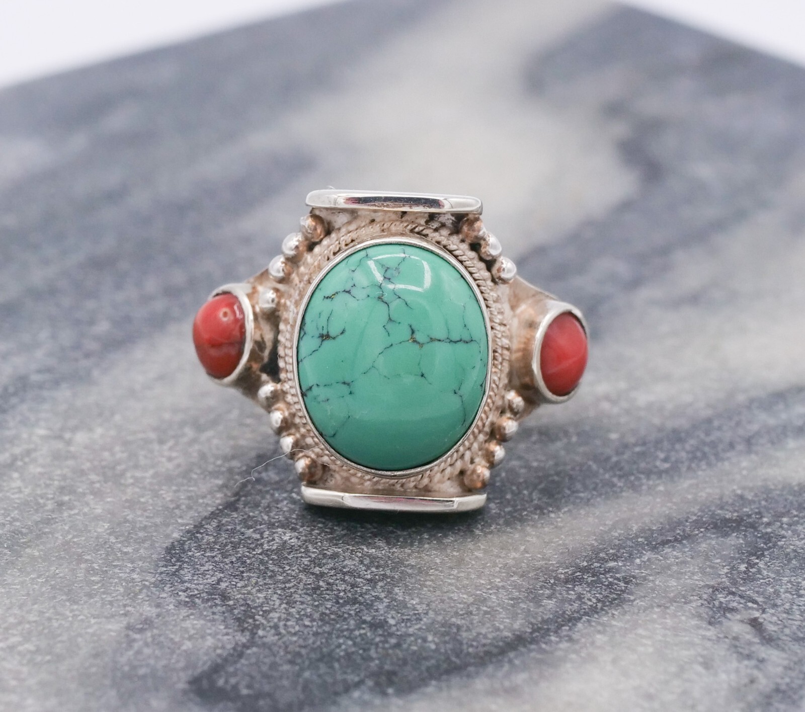Sterling Silver 925 Blue Turquoise & Coral Ornate Southwestern Ring Size 8