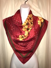 Vtg. Red  Yellow Print SILKY 27.5" Square SCARF Made in Japan