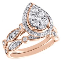 14K Rose Gold Heiligenschein TräNe Verlobung + Hochzeit Ring Braut Set 1 Karat