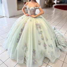 Sparkly Lace Pearly Quinceanera Dresses Puffy Beaded Sweet 16 Ball Gown 3DFloral