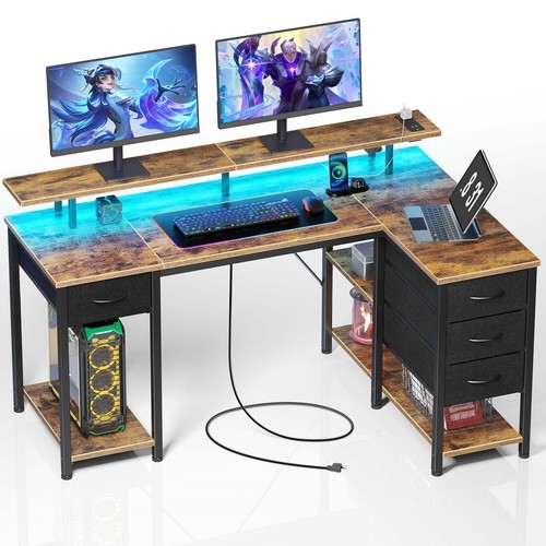 L Shaped Work Study Computer Desk Gaming Table with Fabric Drawers & LED Lights
