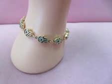 7 1/8" 14K Solid Y. Gold Multi Color Hamsa Hand Evil Eye Bracelet Good Luck