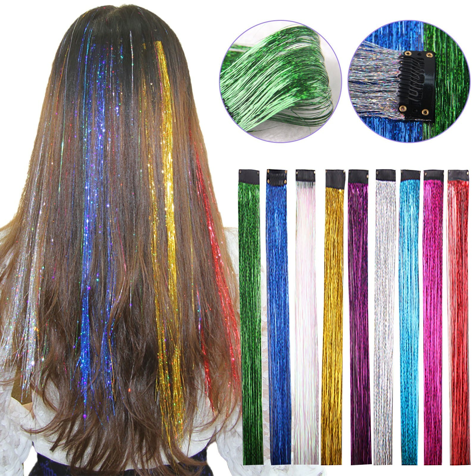 US Clip In Hair Glitter Hair Extensions Clip On with Tool DIY Hairstyle 9  Colors | eBay