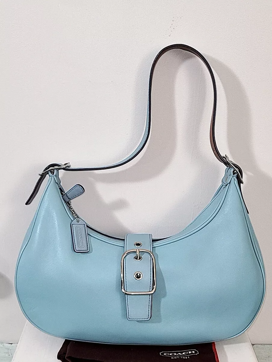 COACH BABY BLUE LEATHER CRESCENT FLAP BUCKLE HOBO BAG 7592