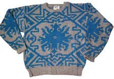 VINTAGE Tyrolia by Head 100% Wool Sweater Mens XL Blue Grey Abstract Skiing 80s 