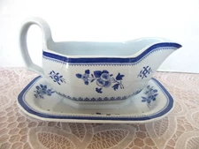SPODE GLOUCESTER Blue Fine Stone Gravy Boat with Attached Underplate