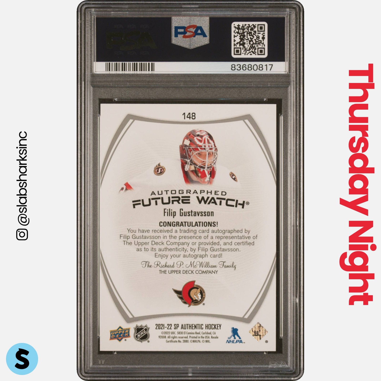 2021 SP AUTHENTIC #148 FILIP GUSTAVSSON AUTO RC FUTURE WATCH ROOKIE /999 PSA 10 view 2