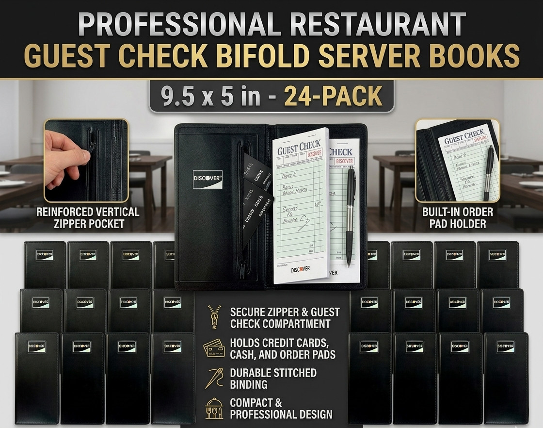 24-Pack Black Bifold Server Books Restaurant Guest Check Holders 9.5" x 5"