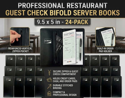 24-Pack Professional Restaurant Guest Check Black Bifold Server Books 9.5 x 5 in