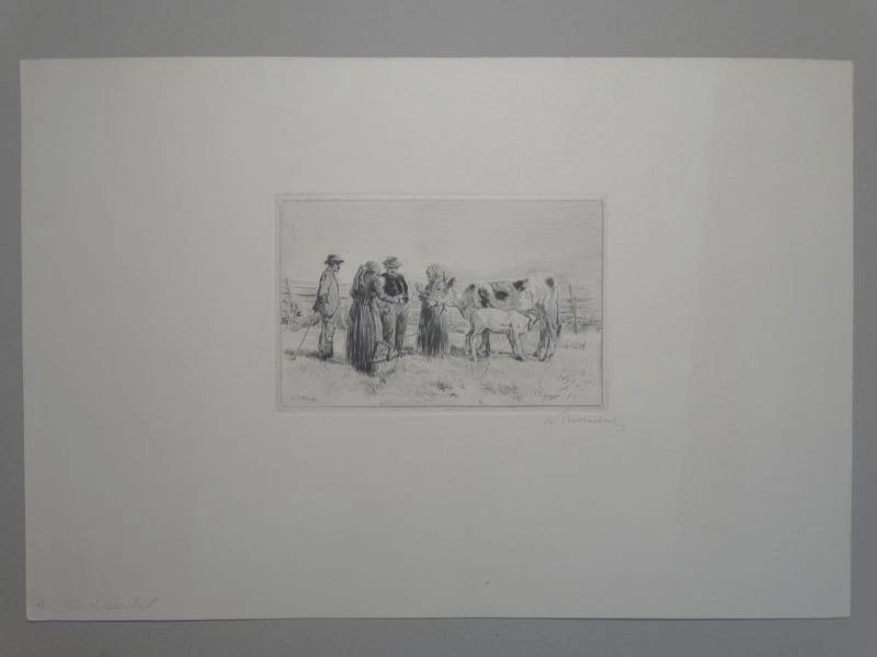 Kuhhandel Bauern mit Kuh Kalb Albert Bitterlich signierte Radierung 1. H. 20.Jh. - Bild 2 von 4