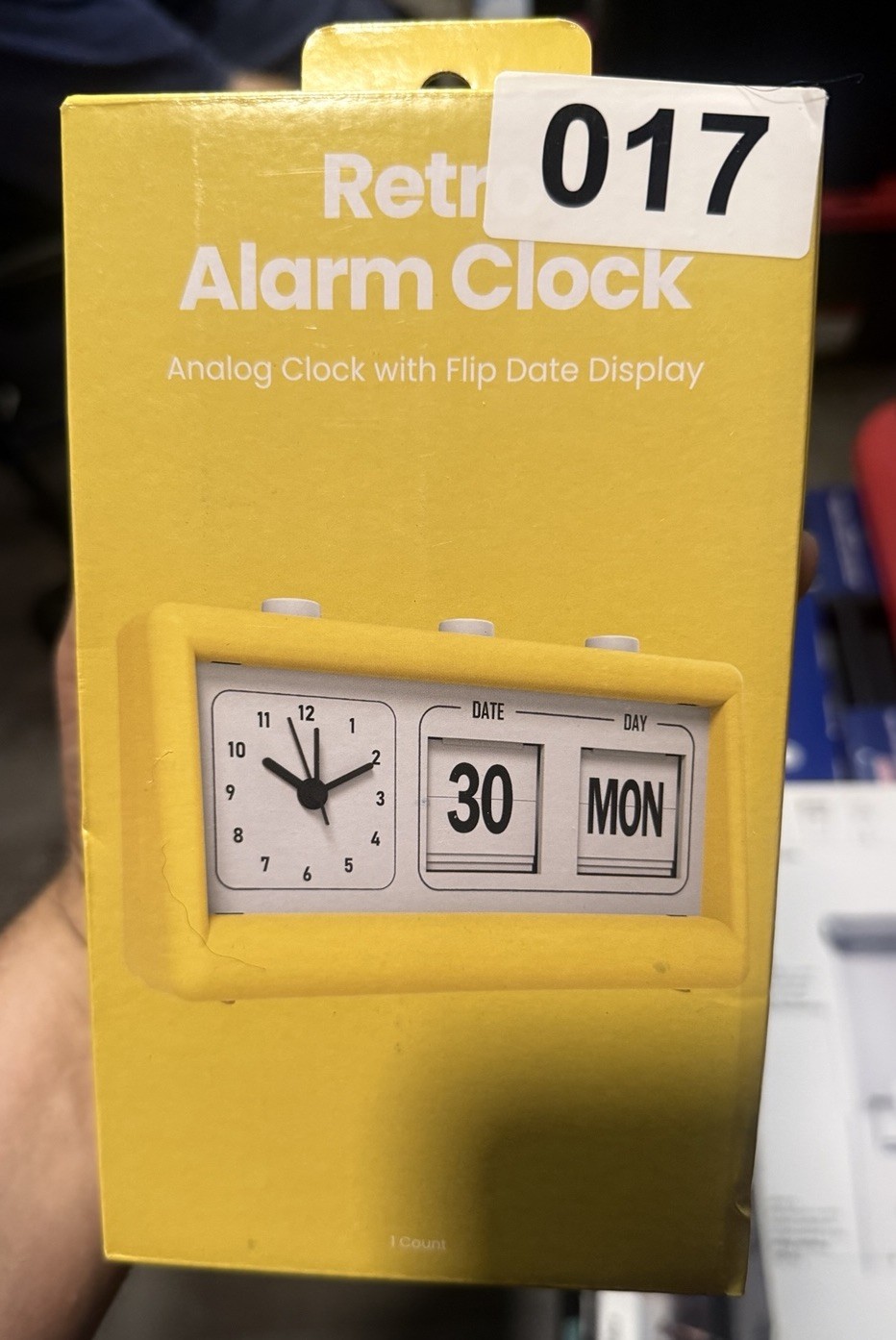 Retro Yellow Analog Alarm Clock w/ Flip Day/Date Display, Arabic Numerals