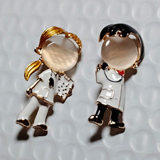 2pc Figural Enamel Doctor And Nurse Brooch Pins Gold Tone White Black