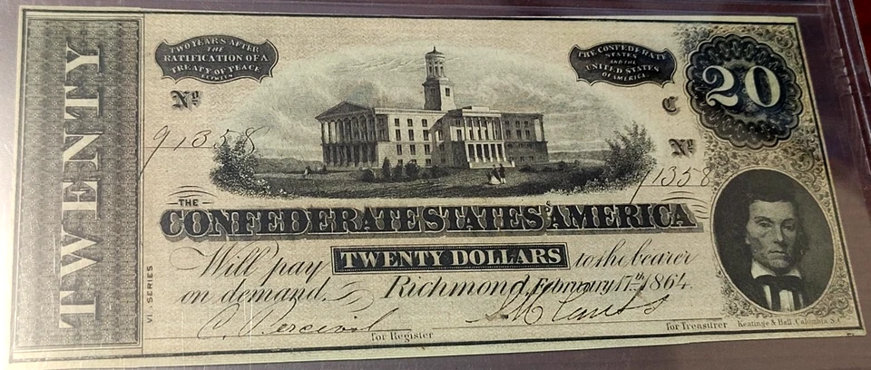 1864 $20 Twenty Dollar Confederate States of America Note - Image 2 of 4