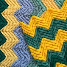 Handmade Crochet Zig Zag Baby Throw Blanket Yellow Teal Blue Green 47 x 46