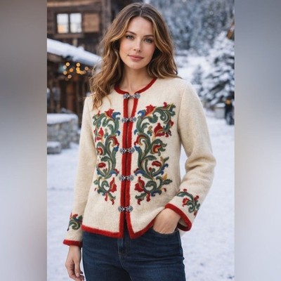 VRIKKE 100% Wool Nordic Embroidered Cardigan M Cream Alpine Folk Sweater