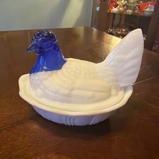 Fenton Hen On A Basket Nest Milk Glass With Cobalt Blue Head. *Slag Glass*