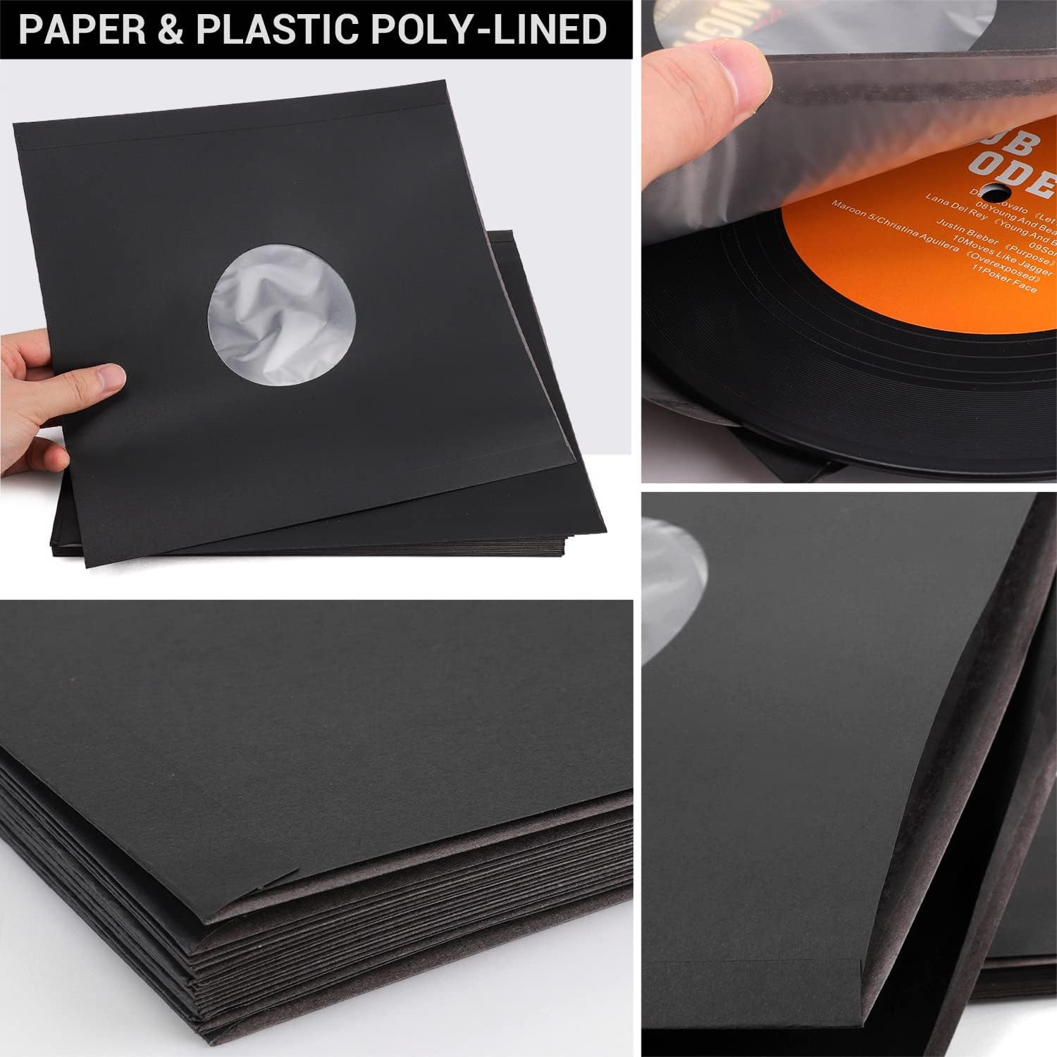 Facmogu 20PCS 10In Black Paper & Plastic Poly-Lined Record Inner Sleeves, 110Gsm