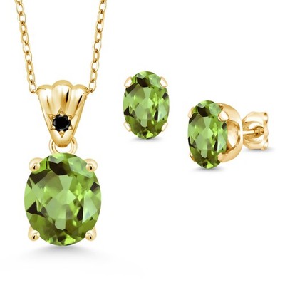18K Yellow Gold Plated Silver Peridot and Black Diamond Pendant and Earrings