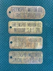 4 Vintage Greenspot Motor Oil Brass Gas Station Tags / Signs