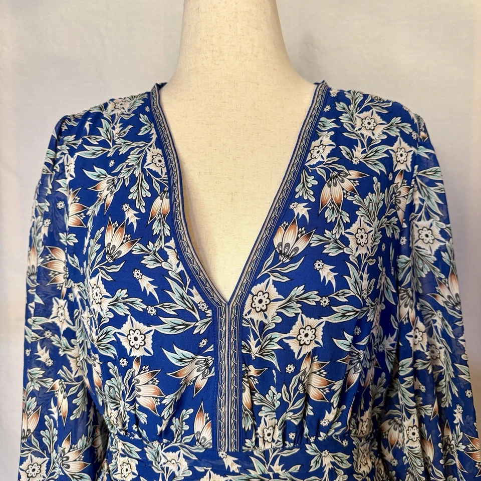 Max Studio платье женщин большой синий цветочный V шеи длинным рукавом ярусный богемное шик - Изображение 4 из 4