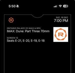 IMAX Dune: Part Three 70mm 4 Tickets Regal Edwards Ontario Palace Dec 19